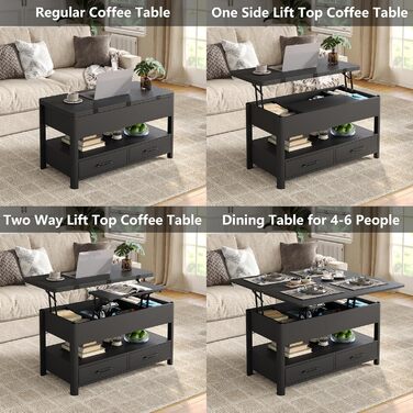 Регульований по висоті журнальний столик з шухлядами та потайним відділенням, стіл для вітальні, що трансформується в обідній стіл, чорний