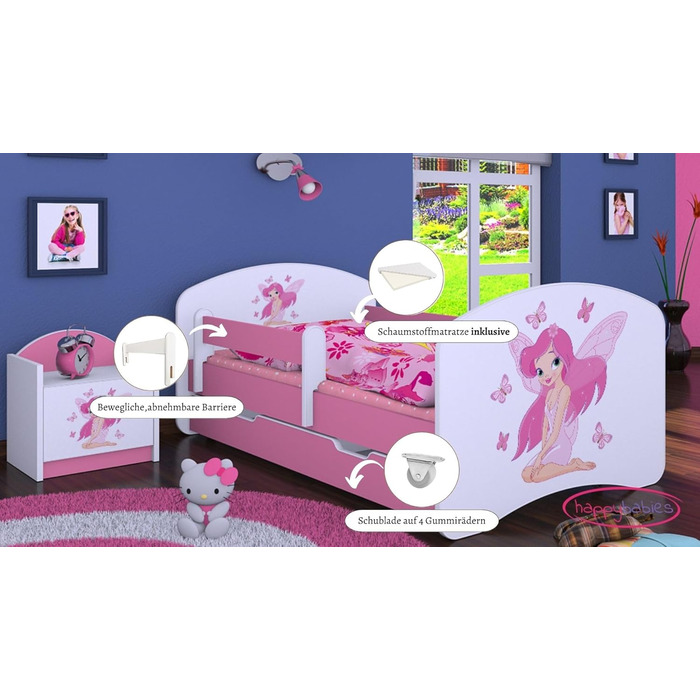 Дитяче ліжко Happy Babies - з матрацом, шухлядою та захистом від падіння, 80x160, дитяче ліжко для дівчаток та підліткове ліжко, дитяче ліжко для хлопчиків, підліткове ліжко для малюків, висувне ліжко на рівні підлоги, рейкова основа