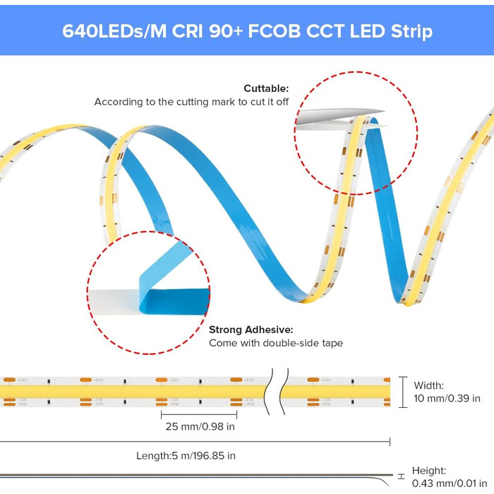 Регульована світлова стрічка високої щільності, затемнена тепла біла холодна біла світлодіодна стрічка CCT DC24V 5M 640LEDs/M 14W/M 2700K-6000K Високі яскраві світильники, для спальні під шафою, кухні, освітлення своїми руками