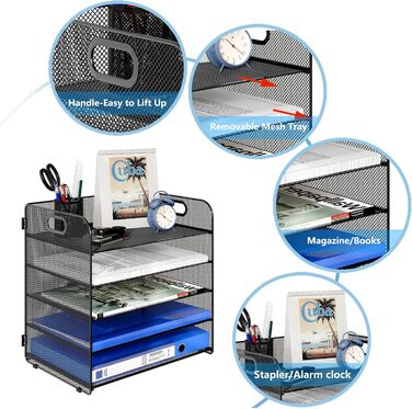 Настільний органайзер для листів 5 відділень Металевий лоток для документів A4 Лоток для паперу Тримач для журналів Аксесуар-органайзер для офісу, дому, школи, чорний