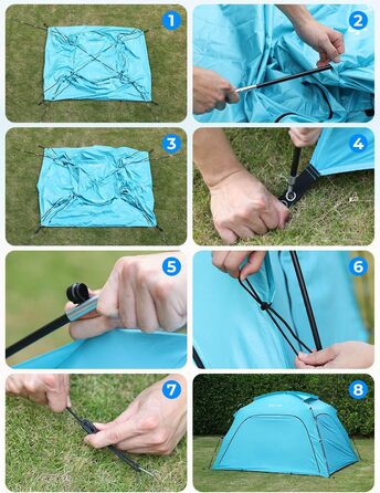 Пляжний намет Glymnis Beach Shelter з 4 дверима на блискавці та сітчастими дверима, захист від ультрафіолету UPF50, вітронепроникний, невеликий розмір у упаковці, пляжний намет для 3-4 осіб, синій