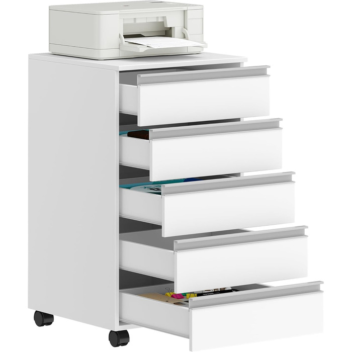 Пересувний контейнер Hzuaneri, мобільна шафа для документів, шафа з 5 висувними шухлядами, шафа для зберігання речей для офісу та домашнього офісу, білий 40 x 40 x 70 см FC55503X