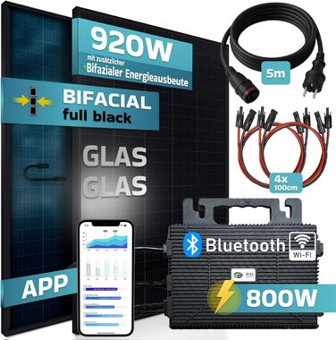 Двофазна балконна електростанція SUNNIVA 920 Вт, повністю чорна, з розеткою, інвертор ASTRO-E 800 Вт, фотоелектрична сонячна система, 2 сонячні модулі зі скла по 460 Вт, вкл. кабель 5 м, Bluetooth WIFI, повний комплект