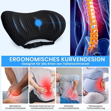 Поперекова опорна подушка для офісних крісел та автомобільних крісел, подушка для спини з піни з ефектом пам&39яті з регульованим ремінцем, ергономічна поперекова опорна подушка для автомобільних крісел та офісних крісел, чорна