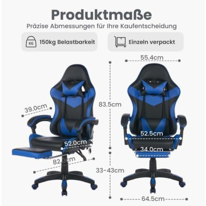 Геймерське крісло з функцією масажу та підставкою для ніг - Ергономічне офісне крісло з опорою для голови та попереку, регулювання висоти, поворот на 360, вантажопідйомність 150 кг, гоночний дизайн, чорний/синій, 116,5 x 52,0 x 64,5 см