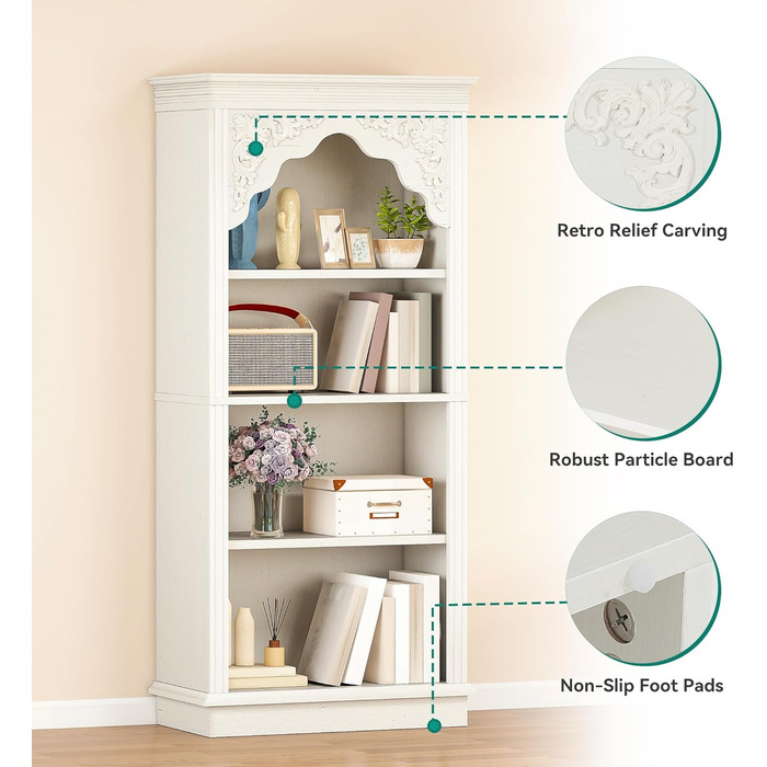 Рівнева вінтажна книжкова полиця з різьбленим дизайном, відкрите сховище для вітрин - ідеально підходить для вітальні, спальні, кабінету та офісу, біла, 140 см, 4-
