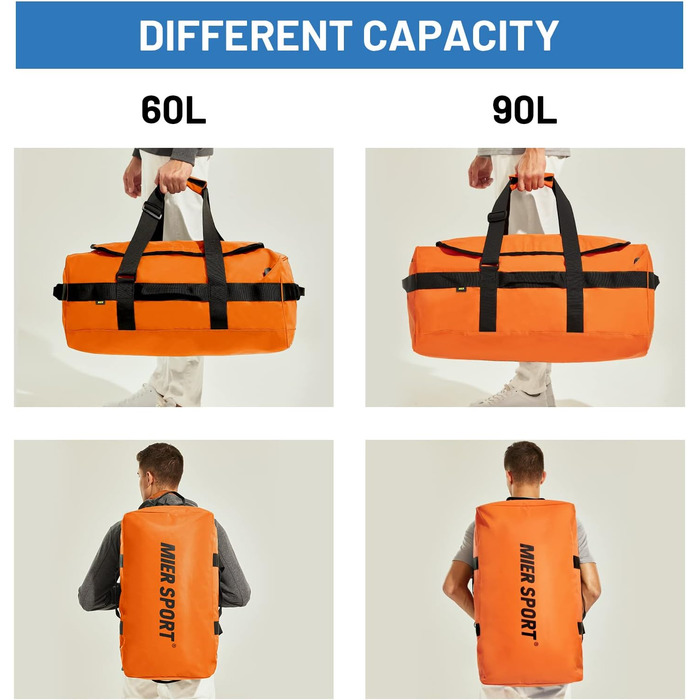 Чоловіча спортивна сумка MIER, водостійка дорожня сумка, великий міцний трансформований спортивний рюкзак з ремінцями для рюкзака та відділенням для взуття для спортзалу, спорту, подорожей, сумка для речей, 60 л/90 л помаранчевого кольору 60 л