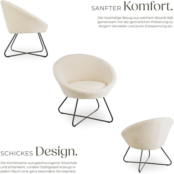 Кругле коктейльне крісло tectake з букле, крісло Тіффані, крісло для читання, безперервна спинка, крісло для вітальні, скандинавське крісло для годування, крісло-реклайнер, крісло для відпочинку - Boucl Off-White