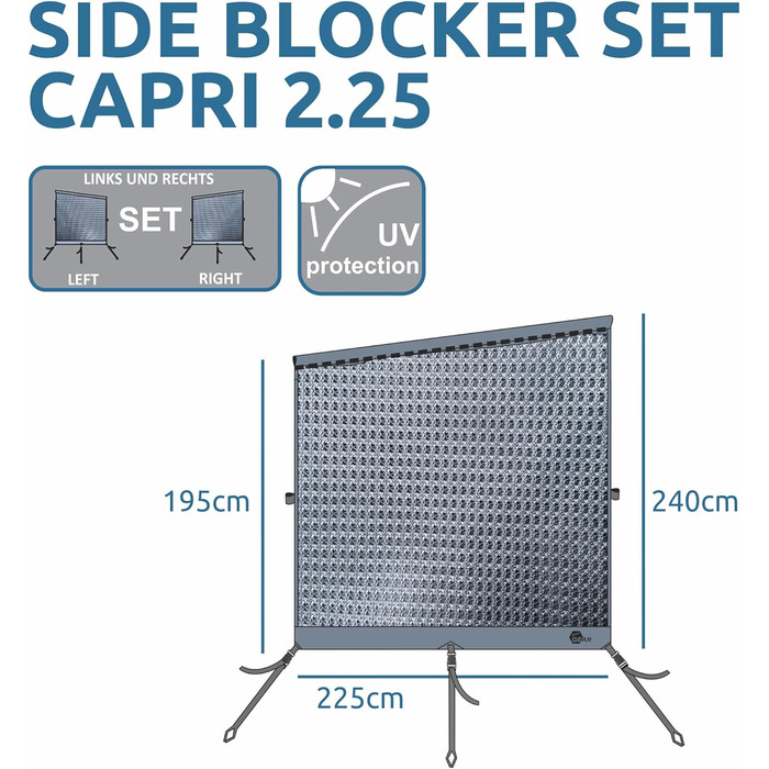 Ваш комплект бічних блокувальників GEAR Capri - 2-кратна вітропроникна боковина для тенту, захисту від сонця та спеки