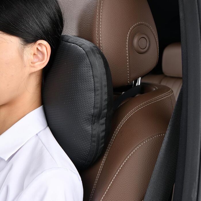 Подушка для шиї автомобіля з натуральної коров&39ячої шкіри, підтримка шиї для підголівника автомобіля, подушка-підтримка з натуральної шкіри, рослинний поліестер, 30x19 см, багаторазова та регульована (чорна, ) Чорна подушка для шиї автомобіля