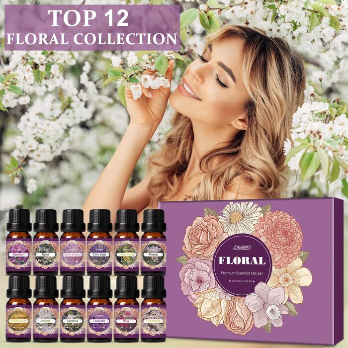 Набір квіткових ефірних олій SALUBRITO, квіткова ароматична олія для дифузора та виготовлення свічок - жасмин, гарденія, троянда, лаванда, герань, вишневий цвіт, фрезія тощо