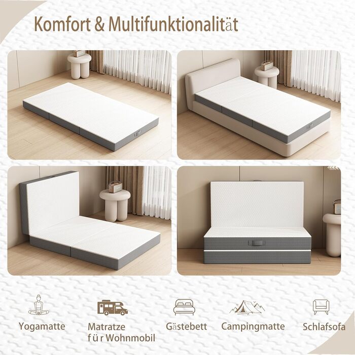 Розкладний матрац 75x195x10 см, середньої жорсткості, розкладний матрац, гостьовий матрац, гостьове ліжко, виготовлений з матеріалу товщиною 10 см з чохлом, що прається, для подорожей, кемпінгу, підлоги, гостьового ліжка, матраца, білий 75x195x10 см