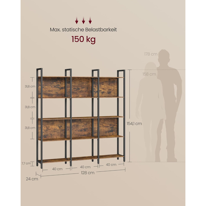 Книжкова полиця VASAGLE, кухонна полиця, окремостояча полиця з 5 відкритими полицями, для коридору, кухні, офісу, міцна сталева рама, промисловий дизайн, 24 x 128 x 154,1 см, вінтажний коричнево-чорний LLS150K01 24 x 128 x 154,1 см (5 рівнів)