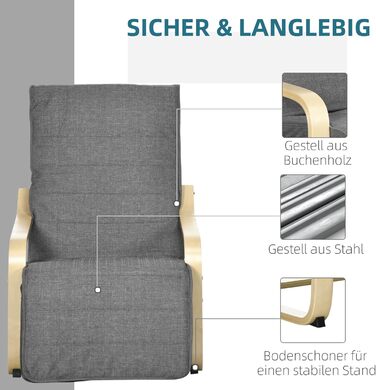 Крісло HOMCOM для вітальні, крісло-реклайнер з підлокітниками з березового дерева, регульована підставка для ніг у 5 положеннях, крісло для читання з лляним виглядом, м&39яке крісло для спальні, сірий колір