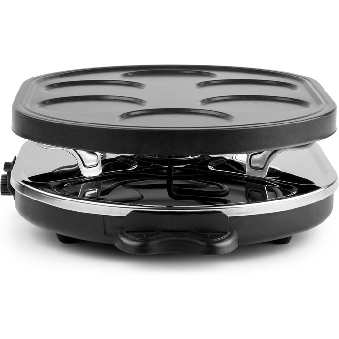 Раклетний гриль, настільний гриль, гриль для вечірок, потужність 1200 Вт, плавне регулювання температури, в т.ч. 8 сковорідок і дерев'яна лопатка, антипригарне покриття, чорний