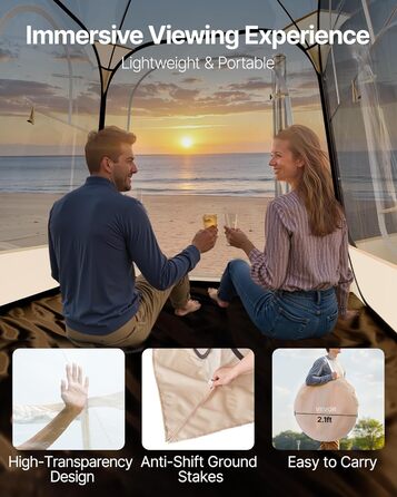 Прозорий намет VEVOR, 160x160x182 см, Розкладний намет для 2-4 осіб, Спортивний намет з килимком на землі та верхнім чохлом, Намет-пухирець для зовнішнього використання, Кемпінговий намет для заходів, риболовлі, святкувань