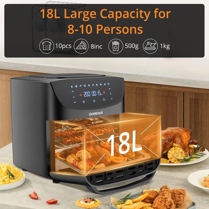 Фритюрниця 18 л XXL, фритюрниця 1800 Вт - Фритюрниця без олії - Фритюрниця з 7 аксесуарами, світлодіодний цифровий сенсорний екран, візуалізоване вікно - Аерофритюрниці Acekool FT1