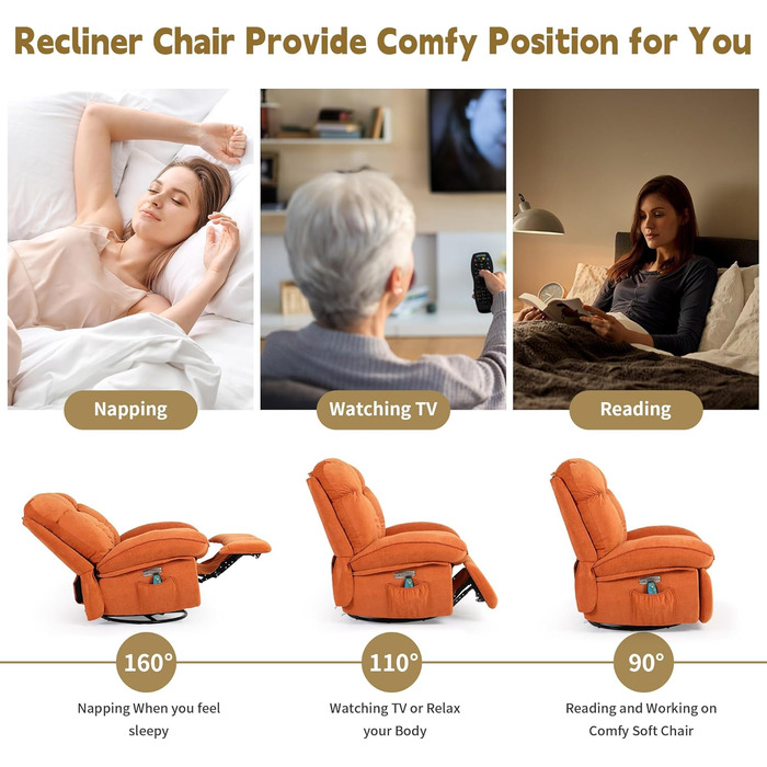 Електричне масажне крісло-реклайнер ALEAVIC з підігрівом та вібрацією, 1 бічна кишеня, порти типу C та USB, крісло-реклайнер для вітальні (помаранчеве)