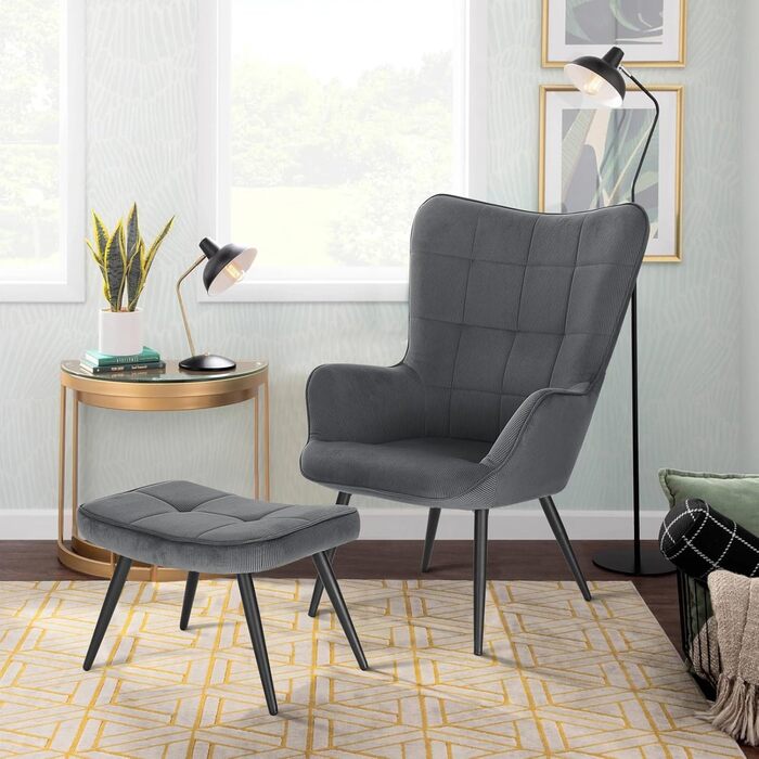Крісло WOLTU з підніжкою та підставкою для ніг, крісло-реклайнер з оббивкою, вінтажне, вітальня, спальня, балкон, вельветовий оксамит, темно-сірий
