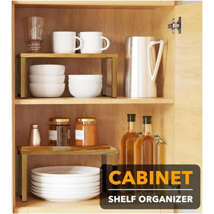 Кухонна полиця Yisen, кухонний органайзер, тримач для спецій, штабелюється, органайзер для полиць з масиву ясена для кухні, для ванної кімнати (комплект з 2 шт.)