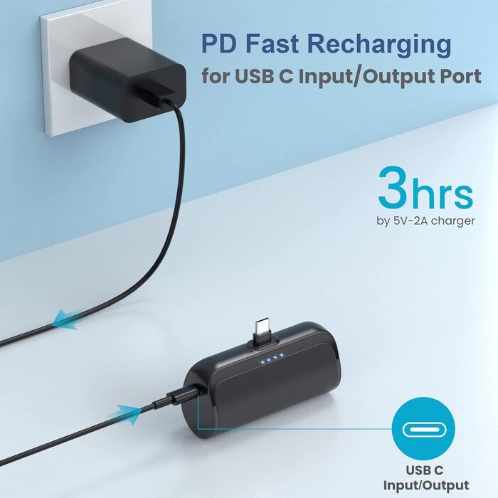 Міні-павербанк 5200mAh, 15W PD швидка зарядка Powerbank 3A USB C вхід і вихід, ультракомпактний зовнішній акумулятор зі світлодіодним дисплеєм, сумісний з Samsung Galaxy Note Hauwei Xiaomi і т.д. A-Black