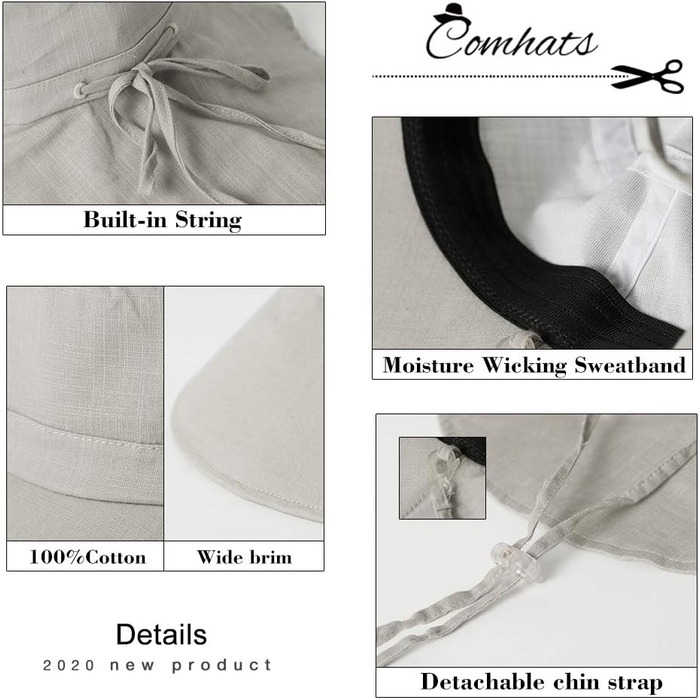 Жіночий сонцезахисний капелюх Comhats, захист від сонця UPF 50, літній капелюх із захистом шиї, широкі козирки, бавовна, M 1005темно-синій