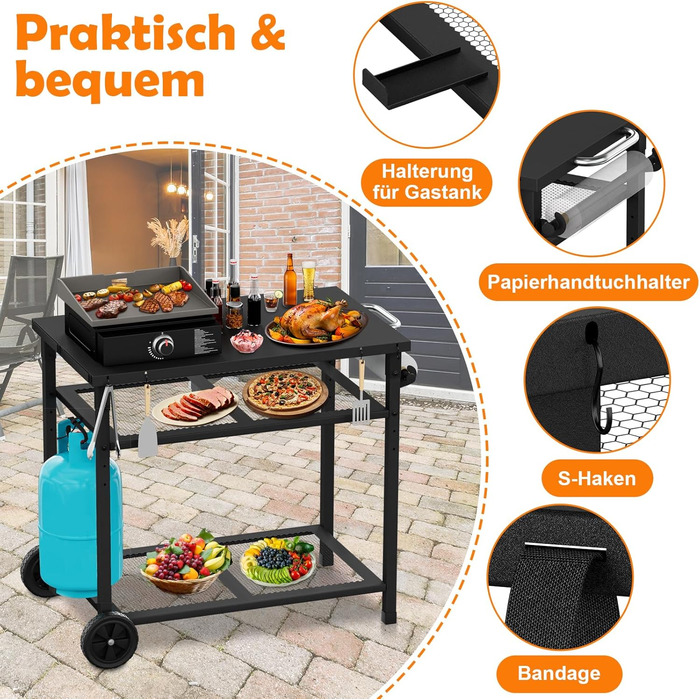 Візок для гриля на відкритому повітрі/стіл для гриля - Мобільний стіл-підставка для піци з колесами, стіл-візок для їжі на відкритому повітрі з двома сітчастими стійками для домашніх вечірок, кемпінгу та використання на свіжому повітрі