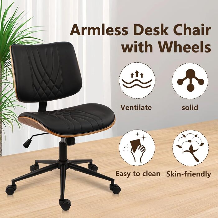 Офісне крісло CLATINA без підлокітників, стілець для столу з колесами, регульоване по висоті шкіряне поворотне комп&39ютерне крісло із середньою спинкою, сучасний стиль горіхового дерева для домашнього офісу, конференц-зал, чорний, комплект з