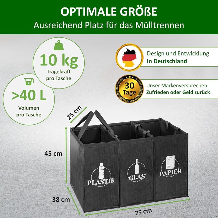 Система розділення відходів 3-сторонній пластик, скло, папір Стабільна підставка 4 x стабілізатори Ідеально підходить для розділен