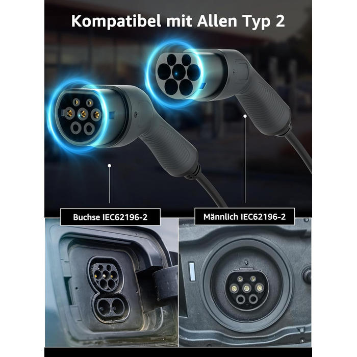 Зарядний кабель bokman type 2, режим 3 / 32A / 22 кВт / 3-фазний / 5 метрів, зарядний кабель типу 2 до типу 2 EV для електромобіля