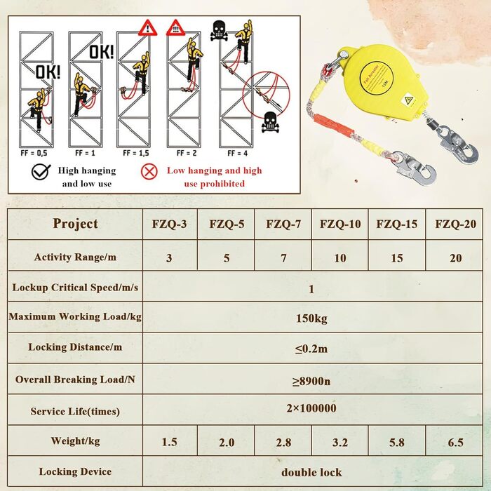 Висувний пристрій для зупинки падіння 3м/5м/7м/10м/15м/20м, зелено-жовтий ремінь безпеки, вантажопідйомність 150 кг, для покрівельних робіт/робіт на висоті (жовтий, 15 метрів)
