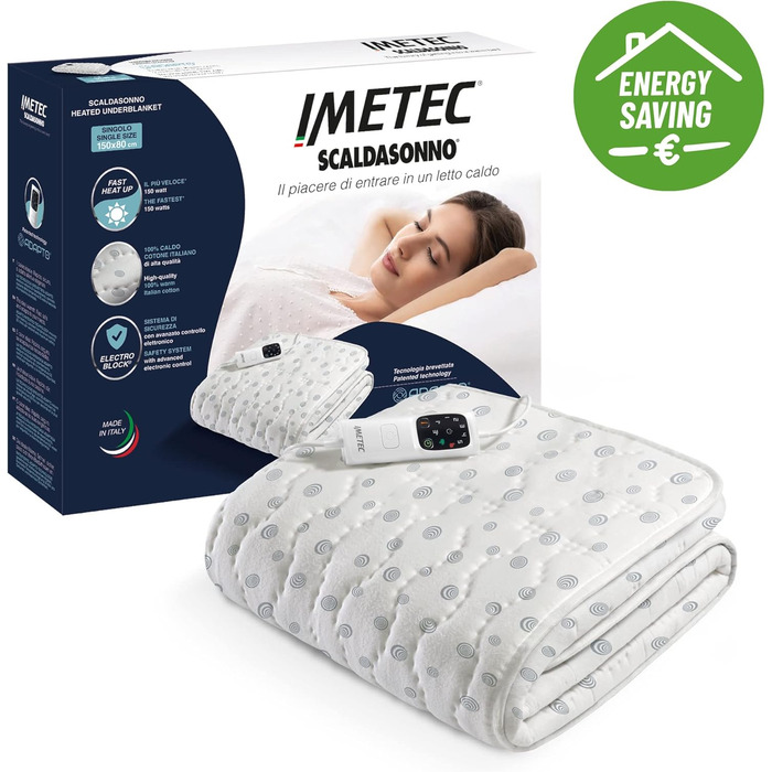 Одноразова ковдра з підігрівом, 150x80 см, низьке енергоспоживання, запатентована технологія, швидкий нагрів, індивідуальна температура, 100 бавовна, Зроблено в Італії, 6-ступінчасте регулювання температури 150 x 80 см
