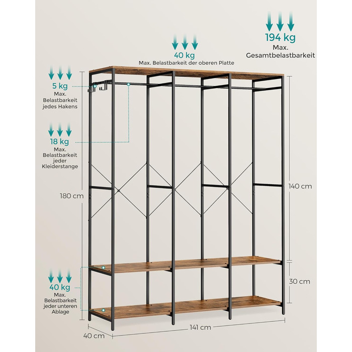 Відкрита шафа, вішалка для одягу, вішалка для пальто, шафа з рейкою для одягу, полиці, знімні гачки, 40 x 141 x 180 см, вінтажний коричневий RGR005B01 Вінтажний коричневий 40 x 141 x 180 см