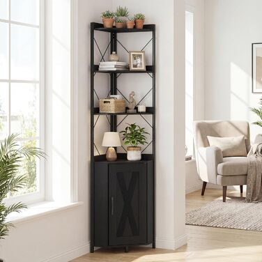 Кутова стелажна тумба GIANTEX з шафою та 6 полицями, кутова шафа заввишки 180 см з 5-ярусними регульованими полицями, окремостояча кутова вітрина з дверима, полиця для зберігання в індустріальному стилі (чорна)