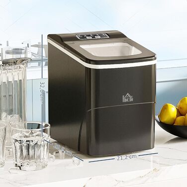 Машина для приготування кубиків льоду HOMCOM, льодогенератор 9 кубиків льоду за 8 хвилин, 12 кг/24 години, льодогенератор з резервуаром для води 2 л, функція самоочищення, LED-дисплей, для кухні, офісу, бару, вечірки, чорний