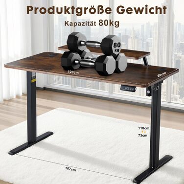 Стіл з регульованою висотою 120 x 60 см, Електричний стіл з регульованою висотою, Ігровий стіл з підставкою для монітора, Стіл для роботи стоячи, Регульований комп&39ютерний стіл, Коричневий