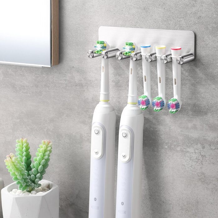 Тримач для електричної зубної щітки OETAMS без свердління, настінний тримач для зубної щітки на 6 насадок для електричних щіток, тримач для зубної щітки з нержавіючої сталі, самоклеючий тримач для головки зубної щітки, срібний
