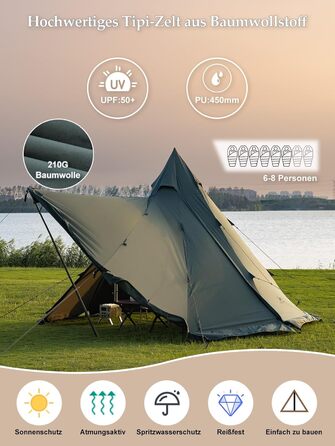 Намет TOMOUNT, бавовняний індіанський намет, високий коник 2,8 м, для 6-8 осіб, пірамідальний намет з отвором для плити, 4-сезонний кемпінговий намет для активного відпочинку, кемпінгу, пішого туризму, трекінгу, зелений