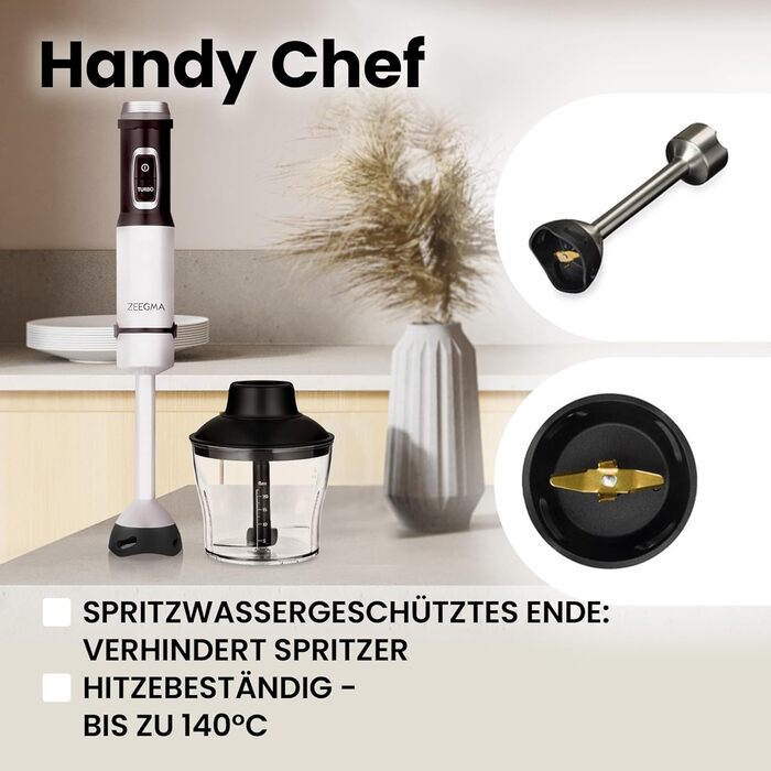 Ручний блендер ZEEGMA Handy Chef 5в1 багатофункціональний 1500 Вт, набір насадок блендер, блендер, віночок, гачок для змішування, кухонний комбайн 0,6 л, контейнер 0,8 л, турборежим, регулювання швидкості