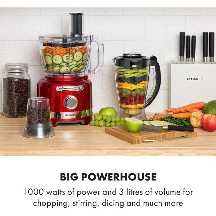 Багатофункціональний блендер Підставка Міксер Подрібнювач Кухонна терка Соковижималка Кухонний комбайн, 1000 Вт, Безступінчастий, 6 режимів, без BPA, 3 літри, 3 л мірний стакан, лопатка, червоний