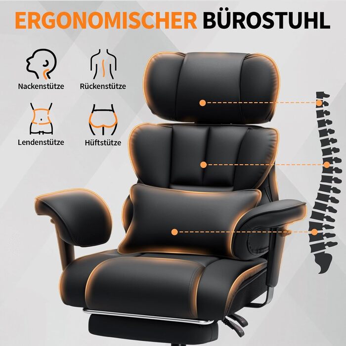 Ергономічне офісне крісло HOFFREE, до 200 кг, штучна шкіра, чорний