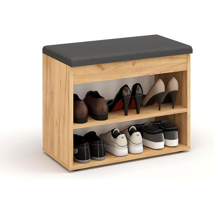 Лавка для взуття KOMTO з сидінням - Полиця для взуття Лавка з місцем для зберігання Медовий дуб 60 x 48 x 32 см Маленька шафка для взуття з лавкою Лавка для передпокою Гардеробна лавка Sofia Медовий дуб Оббивка сіра 60 x 48 x 32 см