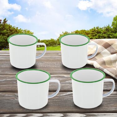 Набір емальованих чашок об&39ємом 350 мл для кави/чаю/гарячих/холодних напоїв, ретро/вінтажний дизайн, ідеально підходять для кемпінгу, пікніків або подорожей. Легкі, портативні та багаторазові (білий із зеленим, набір з 4 шт. ). Білий із зеленим, набір з