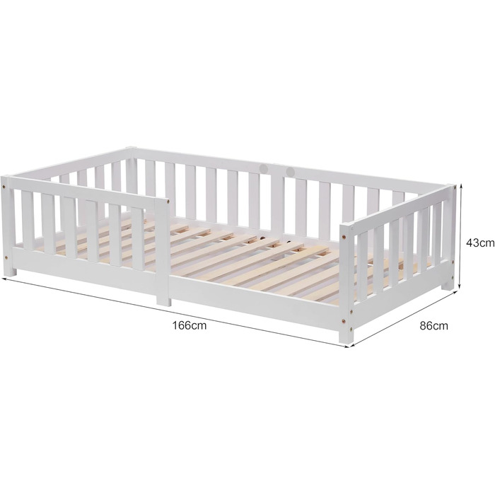 Дитяче ліжко ecomi 80x160 із захистом від падіння, Ліжко на підлогу, Дитяче ліжко з рейковою основою для дівчаток та хлопчиків, Масив сосни білого кольору, 80 x 160 см, Білий