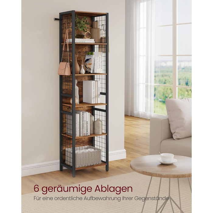Книжкова полиця VASAGLE, офісна полиця, кухонна полиця, окремостояча полиця з 6 полицями, 4 S-подібними гачками, 30 x 40 x 175,6 см, для офісу, вітальні, кабінету, вінтажний коричнево-чорний колір LLS170K01, 6 рівнів (40Ш см)