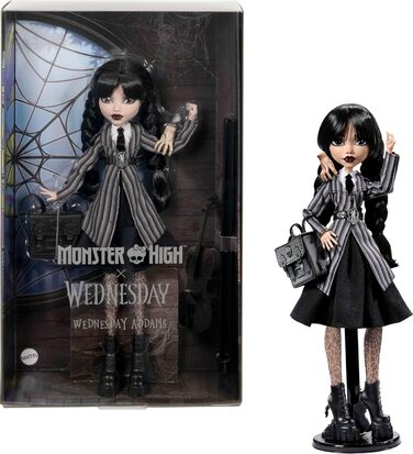 Лялька Monster High Wednesday та аксесуари, колекційна фігурка Wednesday Addams у формі Академії Nevermore з крижаною рукою та рюкзаком, підставка для ляльки, HJ04 Різнокольорова