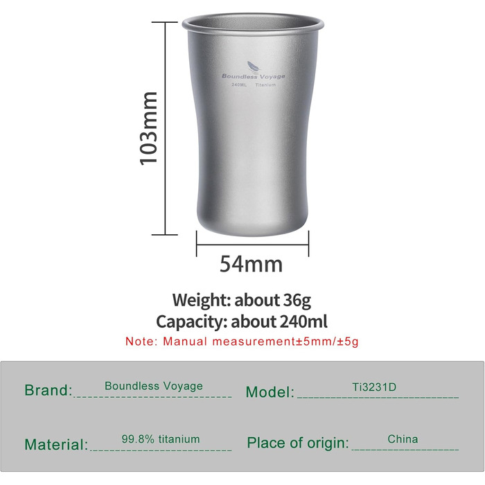 Мл титанова пивна кружка для кемпінгу, надлегка штабельована одношарова чашка для кави з льодом, соковита чашка для холодної води, коли, зовнішня портативна, міцна металева, посуд для напоїв Ti3231D 240 мл Ti3231d, 240