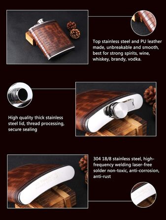 Фляжка з візерунком під крокодилячу шкіру, нержавіюча сталь, 510 мл/18 унцій, велика місткість, для віскі, лікеру, обгорнута штучною шкірою, TANEAXON 18 унцій E. Візерунок під крокодилячу шкіру