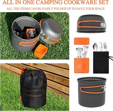 Набір посуду для кемпінгу, 8-предметний набір посуду для кемпінгу з міні-газовою плитою та столовими приборами, кемпінговий посуд для 1-2 осіб, пікніки на свіжому повітрі, походи (8-предметний набір)