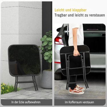 Складаний стіл eSituro, складний бічний столик, балконний стіл, кемпінговий стіл, садовий стіл, бістро-стіл, з металевим каркасом, прямокутна стільниця із загартованого скла, 46x46x48 см, чорний